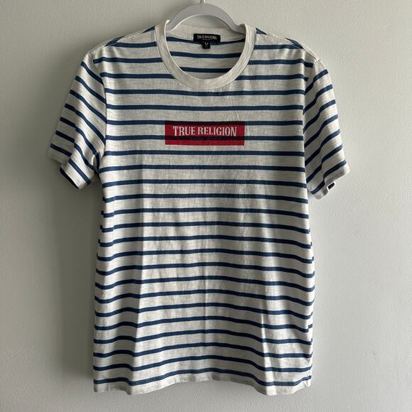 True Religion Other - True Religion Beige Men's Graphic Logo T-shirt Blue Striped Size Small